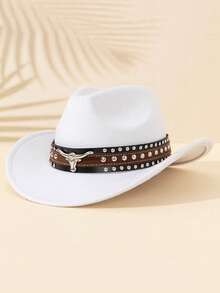 Men Retro Western Cowboy Hat, Bull‑Head Studded Wide Brim Felt Hat, Halloween Christmas Party Costume Accessory - Multicolor - View 9