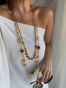 1pc Double Layer Vintage Long Necklace, Gold & Multicolor Beads Collarbone Chain, Suitable For Autumn/Winter Sweater Matching - Multicolor - View 3