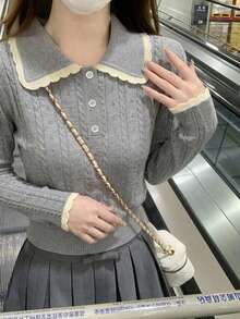 Atasan Dalaman Wanita Model Kerah Peter Pan Gaya Kampus - Grey - View 10