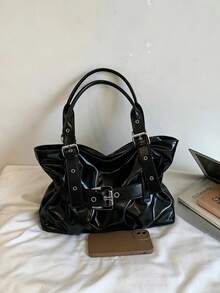 Tas Tote Lipit Polkadot Hitam, Tas Bahu Kapasitas Besar dengan Kantong Resleting Samping, Cocok untuk Sekolah dan Perjalanan Sehari-hari - Hitam - View 6