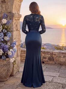 MIUSOL Gaun Maxi Formal Pesta Pas Badan dengan Hiasan Renda Payet, Patchwork Satin, Kerah Setengah, Lengan Panjang, dan Hem Bergelombang, Cocok untuk Tamu Pernikahan, Upacara Wisuda, dan Jamuan Malam. - Navy Blue - View 3