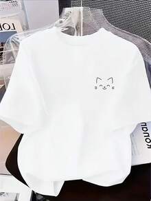Minimalist Women's T-Shirt In Japanese Style With Cat Logo In Line Drawing, Skin-Friendly, Short Sleeves, Loose And Simple Fit, Simple And Versatile S - White 4 - View 1