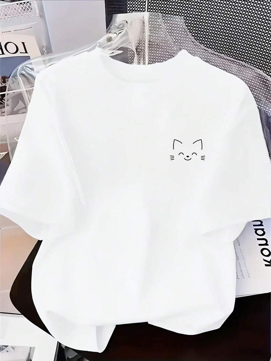 Minimalist Women's T-Shirt In Japanese Style With Cat Logo In Line Drawing, Skin-Friendly, Short Sleeves, Loose And Simple Fit, Simple And Versatile S - White 4 - View 1