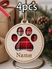 Custom Paw Print Christmas Ornament With Name, Personalized Wooden Pet Tree Decor, Rustic Plaid Holiday Style, Customized Christmas Hanging Ornament, Customizable Name Keepsake, Christmas Tree Decoration, Pet Lover Holiday Gift, Family, Friend - Multicolor - View 15