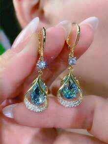 1 Pair Fashion Crystal Water Drop Geometric Rhinestone Dangle Earrings Valentine's Day Accessories, Jewellery, - Blue - View 5