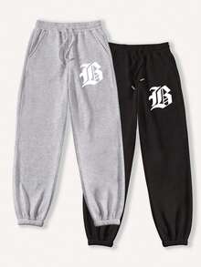 2pcs/Set Women's Letter Print Fashion Versatile Fleece Sweatpants Set, Casual Winter Style - Multicolor - View 1