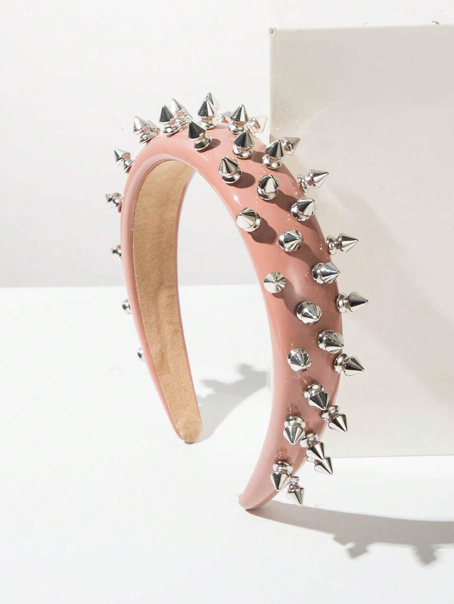 1pc Solid Color Leather Cool Style Rivet Headband, Minimalist Versatile Fashion High-Quality Hair Accessory, Suitable For Girls Street Style Sweet Cool Hair Clip - FG70-pink - View 1