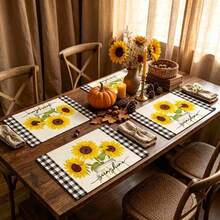1/4/6pcs Autumn Series Black & White Plaid Border Glass Jar Sunflower Pattern Printed Placemats, Heat Resistant Table Protector For Home Kitchen, Dining Table, Party Decor - Multicolor - View 4