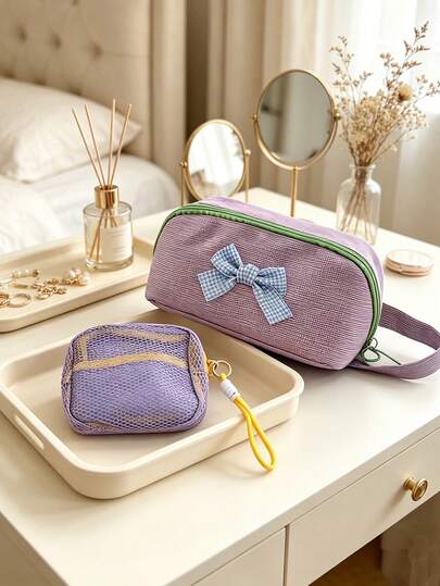 Clutch feminina clássica xadrez de abertura larga, bolsa de arrumação portátil multifuncional com blocos de cor xadrez, porta-moedas de grande capacidade, mala de mão para artigos de higiene e cosméticos, inclui também uma pequena bolsa de viagem para artigos de higiene e cosméticos