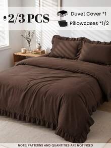 2/3pcs Ruffle Duvet Cover Set, Dorm Bedding, Brown Bedding Set, Cozy Room Decor, Skin-Friendly Breathable, Ultra Soft Anti-Pilling, No Duvet Insert, Suitable For Twin/Full/Queen/King Bed, All Season, Machine Washable, Back To School - Brown - View 3