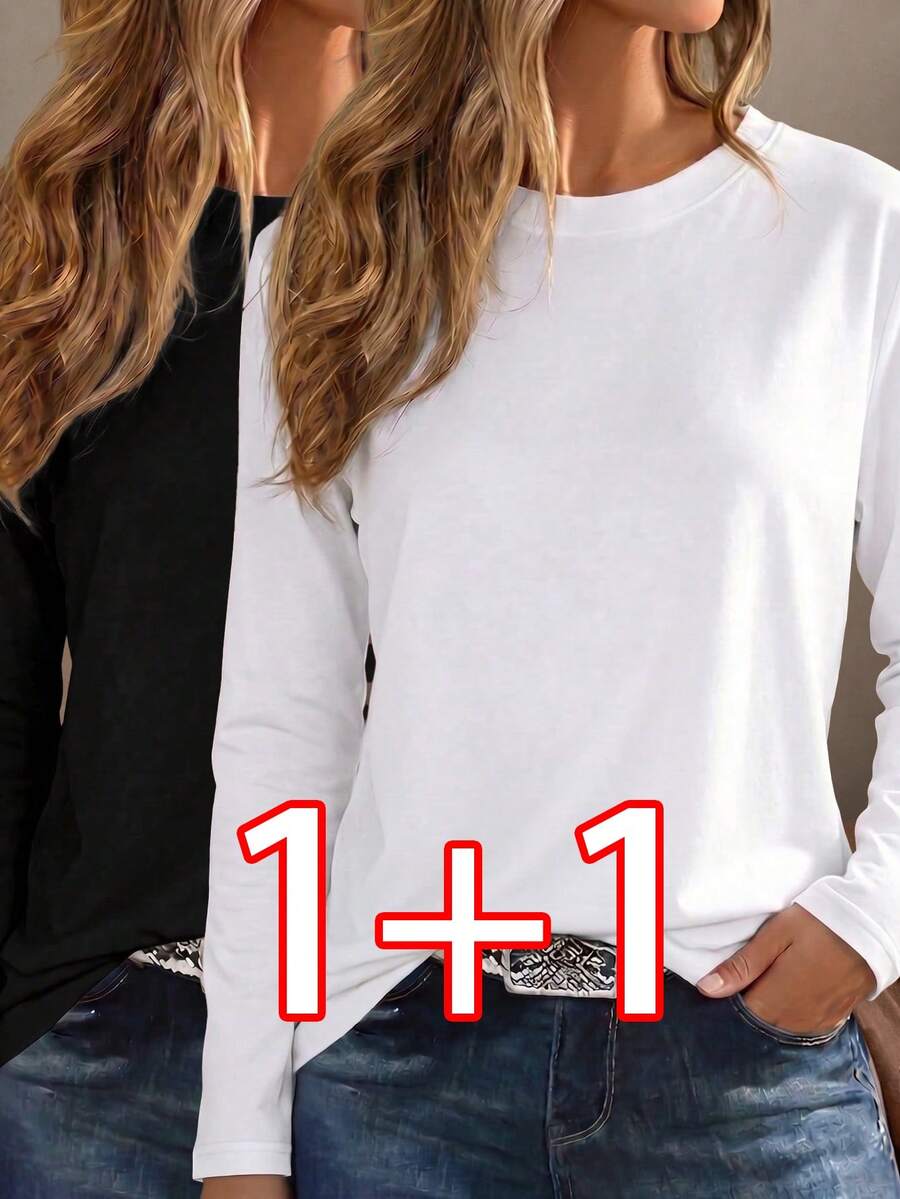 2pcs All-Match Crew Neck T-Shirt Women, Loose Long Sleeve Top For Autumn, Suitable For Casual Home Wear, Simple And Versatile - White + Black - View 1
