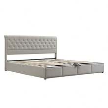 Upholstered Bed,King Size Bed,With Hydraulic Lever, Functional Storage Bed, Rivet Decoration, Without Mattress, Linen - LIGHT GREY + Linen + 135cm*190cm - View 9