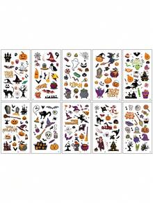 10 Sheets, Of 130pcs Halloween Series Element Pattern Temporary Tattoo Stickers, Cartoon Ghost Zombie Witch Black Cat Pumpkin Patterns, Waterproof And For 2-5 Days, Suitable As Halloween Party Gifts - Multicolor - View 4
