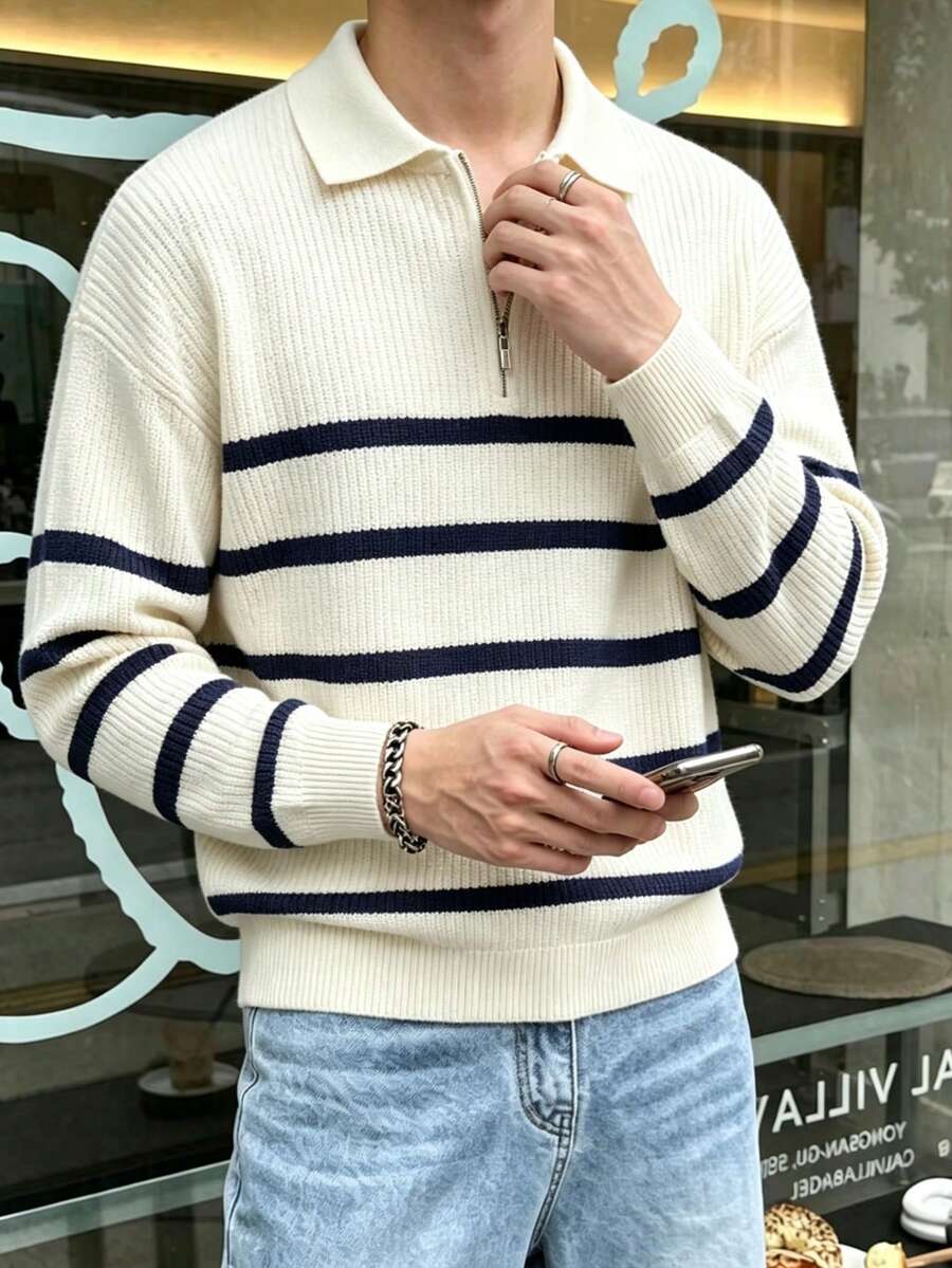 男士秋冬翻領拉鍊條紋撞色針織毛衣，休閒商務通勤百搭套頭衫 - 杏色 - 查看 1