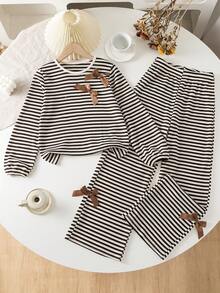 2pcs/Set Spring/Autumn Girls Long Sleeve Outfit, Bowknot Striped Crew Neck Long Sleeve Top With Elastic Waist Wide Leg Pants - Brown - View 1