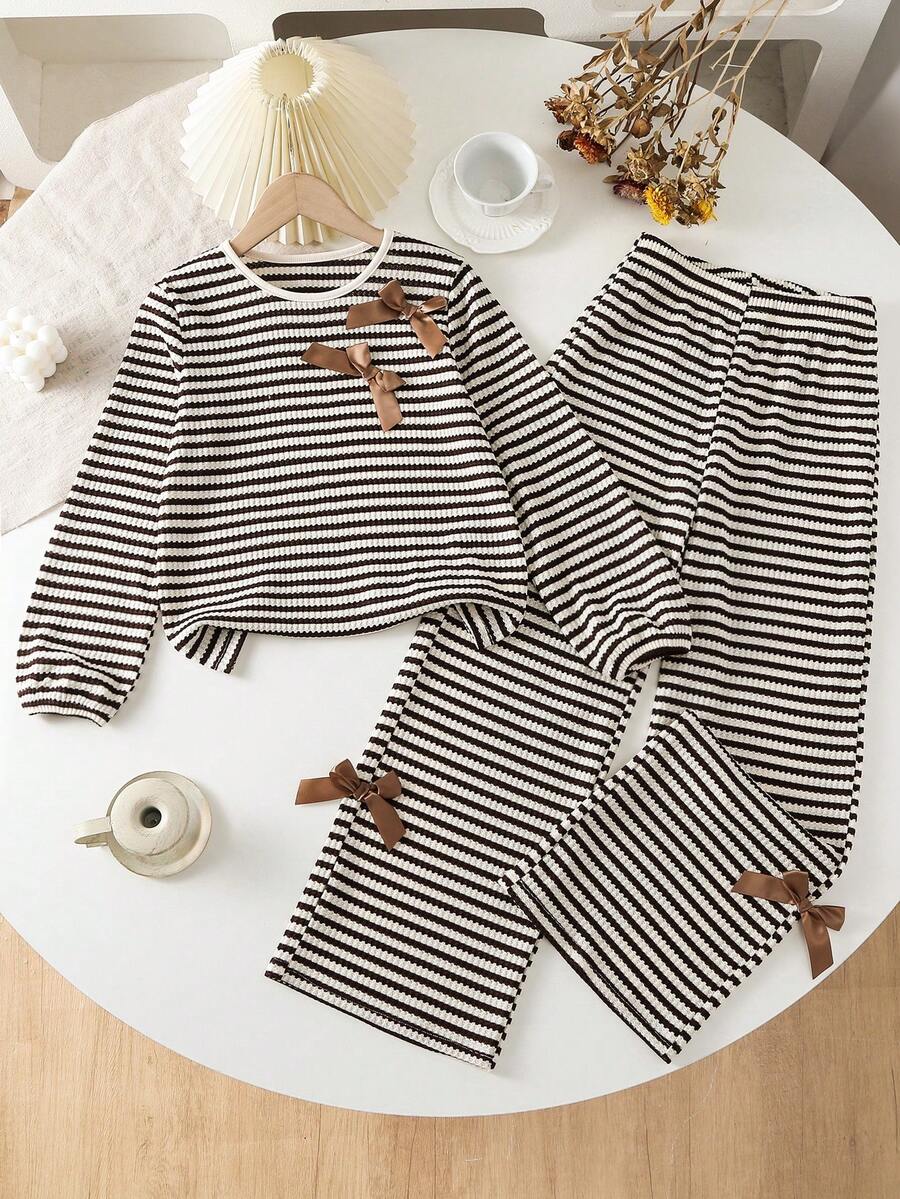 2pcs/Set Spring/Autumn Girls Long Sleeve Outfit, Bowknot Striped Crew Neck Long Sleeve Top With Elastic Waist Wide Leg Pants - Brown - View 1