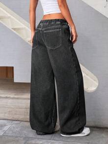 ARWY Women's Casual Bohemian Style Thermal Lined Denim Wide Leg Pants, Drawstring Design With Pockets, Long Non-Stretch Fabric, Suitable For Party And Daily Wear - Dark Grey - View 3