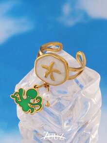 1pc Vintage Stainless Steel Ring Oil Dripping White Starfish Pattern Ring Green Octopus Pendant Open Ring For Women Jewelry - Ring - View 1