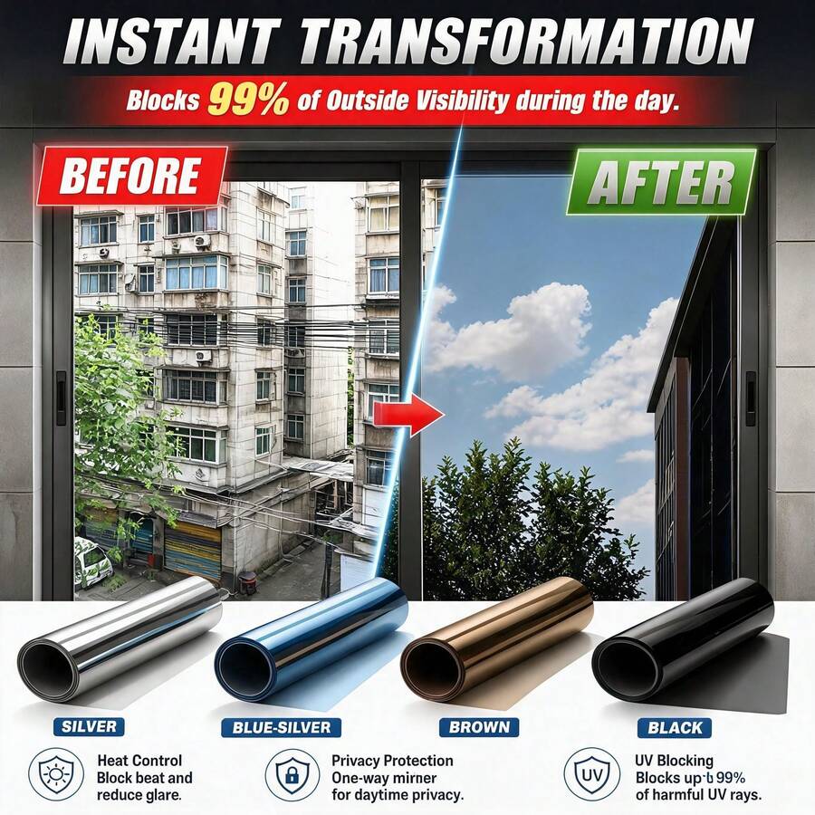 One Way Mirror Privacy Window Film Non Adhesive Static Cling UV Protection Heat Control Sun Block Anti Glare Removable For Home Office Glass Door - 1PC - View 1
