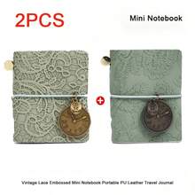 `2‑Pack Retro Lace Embossed PU Leather Pocket Notebook, Mini Portable Travel Journal With Watch Pendant Decor, Vintage Diary Notepad For Handmade Junk Journal` - Multicolor - View 10