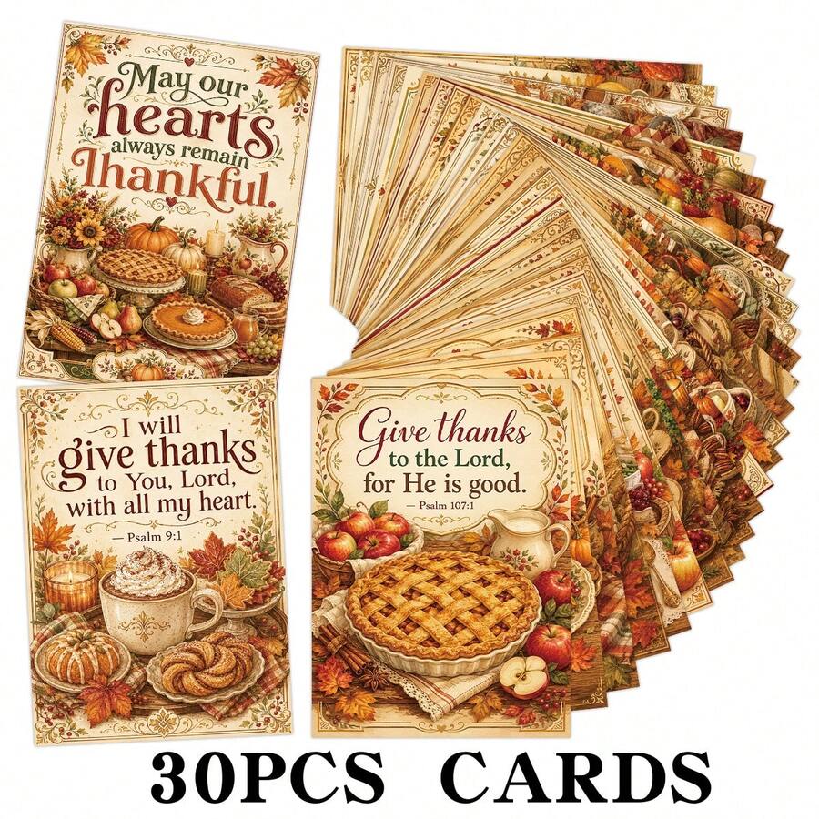 30pcs Vintage Thanksgiving Scripture Cards, Inspirational Thanksgiving Gratitude Bible Verse Cards With Pumpkins Pies Turkey Designs, Christian Religious Gift For Family Friends - A - View 1