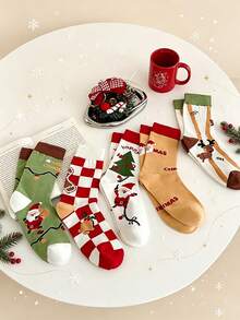 3/5 Pairs Random Style Christmas Mid-Calf Socks, Santa Claus Christmas Tree Gingerbread Man Reindeer Jacquard Casual Socks, Unisex Holiday Gift Socks - Multicolor - View 2