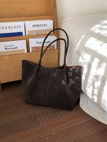 Solid Color PU Material Women's Bag, Simple, Fashionable, Versatile, Large Capacity Storage Shoulder Bag/Commuting Bag, Suitable For Women's Daily Use - Coffee Brown - View 7