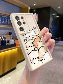 1pc Fashion Pure Android TPU Material Stacked Cat & Dog Element Pattern Lens Protection Thick Anti-Fall Anti-Fingerprint Beige Diamond Sand Phone Case Suitable For Samsung/Transsion/HONOR/ - Beige - View 2