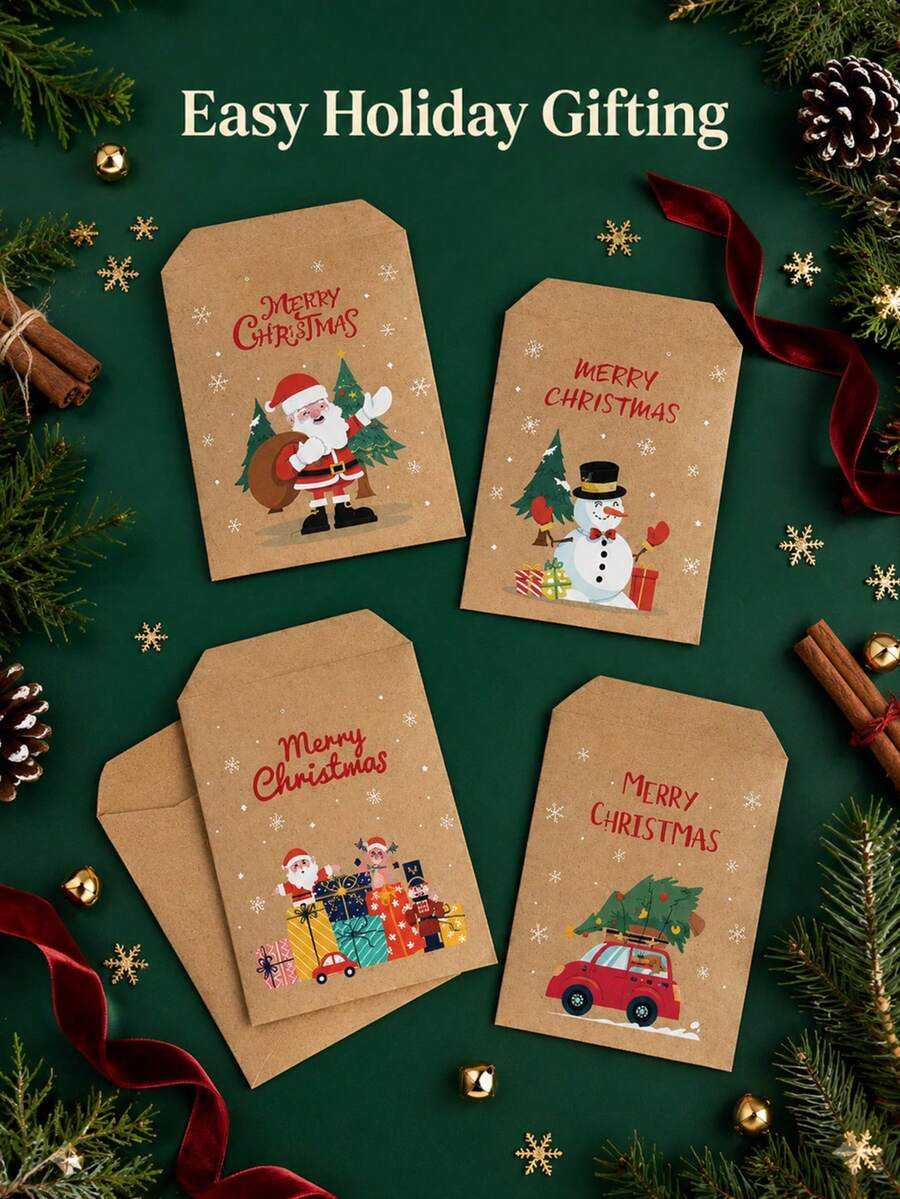 12pcs Christmas Envelopes Candy Bags, Printed With Holiday Santa Claus Snowman Tree Patterns, Holiday Party Gift Packaging Bags, Suitable For Candy, Cookies, Snacks, Gifts And Seasonal Decorations - Multicolor - View 1