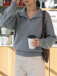 Women Fall Winter Grey Sweater Polo Collar Loose Fit Casual Back To School, Street, Shopping, Daily Wear - Grey - View 3