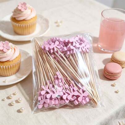 10/50/100PCS Exquisite Cute Pink Bow Food Skewers (Natural Bamboo, Smooth Surface) Cute Design Cocktail Set, Used For Fruit Platters, Cooked Foods And Party Decorations. Christmas Essential.