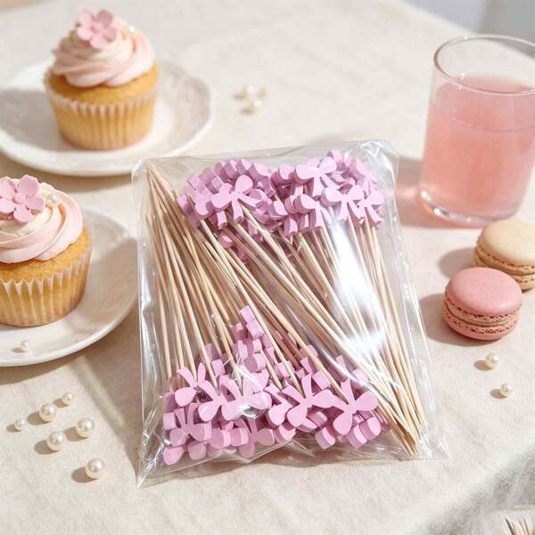 10/50/100PCS Exquisite Cute Pink Bow Food Skewers (Natural Bamboo, Smooth Surface) Cute Design Cocktail Set, Used For Fruit Platters, Cooked Foods And Party Decorations. Christmas Essential.