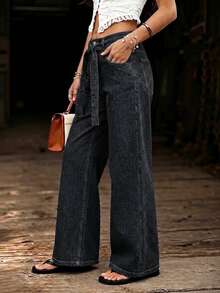 Nuevos jeans rectos con cinturón de mujer, de pierna recta, elásticos, de estilo casual en color negro para primavera - Negro - Ver 5