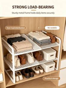 1pc Expandable Wardrobe Storage Rack - Heavy Duty Metal Closet Organizer, Adjustable Height, Space-Saving Vertical Storage Rack For Clothes, Shoes, Cabinets - Easy To Install, Compatible With Wardrobes, Shoe Racks, Closet Storage Systems - Suitable For Home, Office, Retail, Closet Organization, Home Organization, Fashion Design, Sturdy Structure, Home Storage, Clothes Rack, Storage Shelf,Bedroom Room Decor,Back To School - Black and White - View 2