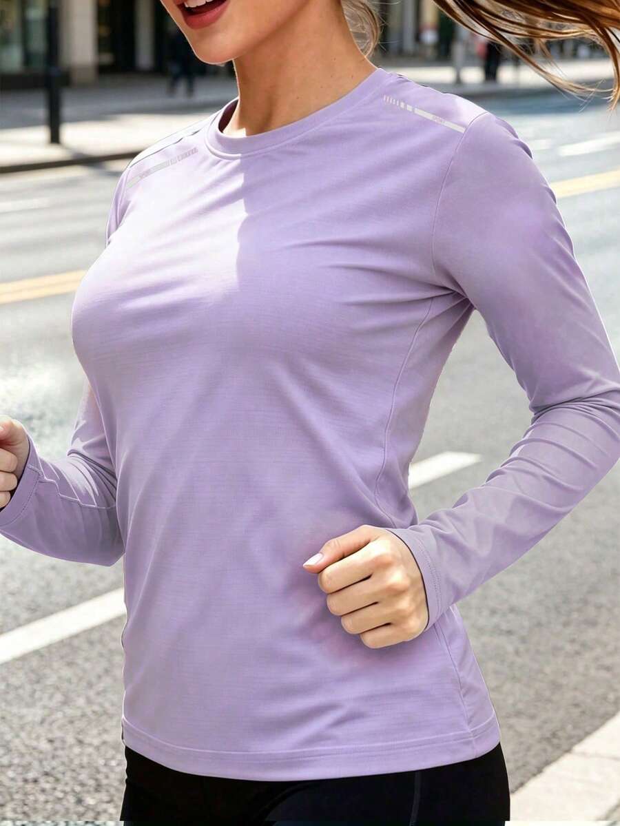 女款網眼透氣長袖修身彈性戶外防曬運動跑步套裝,百搭舒適 - 紫丁香色 - 查看 1
