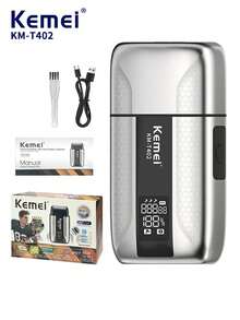 Kemei KM-T402 男士專業電動刮鬍刀,金屬合金機身高品質剃鬚刀,順滑貼面刮鬍,USB充電無線往復式刮鬍刀,附數位顯示螢幕、UV殺菌、防水乾/濕雙刀頭鬍鬚修剪器,適合商務禮品,送給男性的禮物 - 銀色 - 查看 2