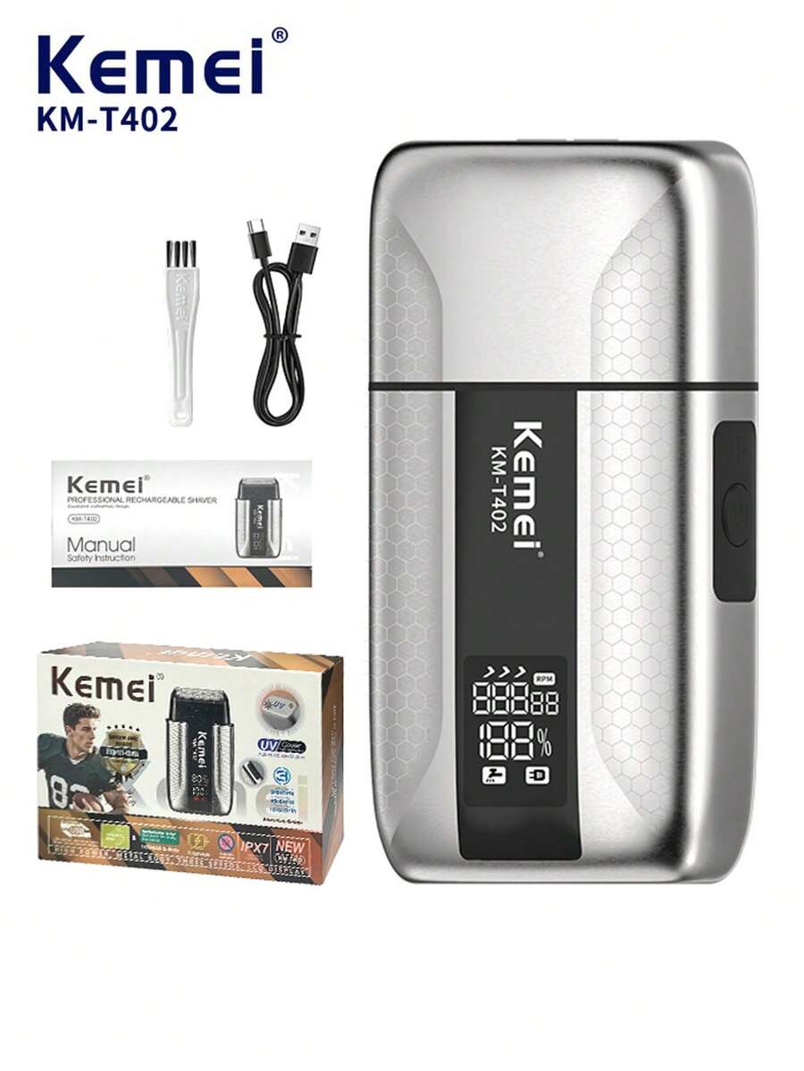 Kemei KM-T402 男士專業電動刮鬍刀，金屬合金機身高品質剃鬚刀，順滑貼面刮鬍，USB充電無線往復式刮鬍刀，附數位顯示螢幕、UV殺菌、防水乾/濕雙刀頭鬍鬚修剪器，適合商務禮品，送給男性的禮物