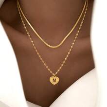 2pcs/Set New Heart & Letter Gold Stainless Steel Lip Chain Layered Necklace For Women - Yellow Gold - View 1