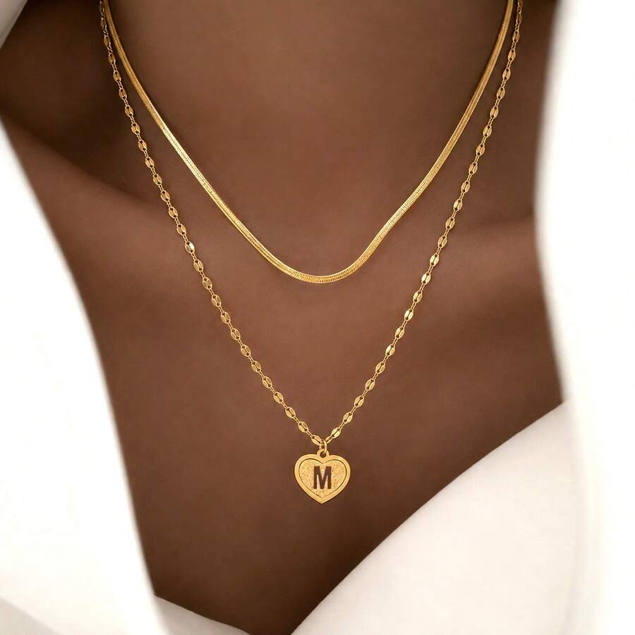 2pcs/Set New Heart & Letter Gold Stainless Steel Lip Chain Layered Necklace For Women - Yellow Gold - View 1