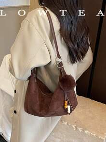 low tea 1pc Minimalist Crescent-Shaped Suede Fabric Shoulder Bag, Suitable For Commuting, Shopping, Etc. (With Pendant) - Coffee - View 8