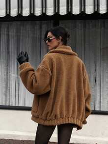 Women's Solid Color Faux Fur Warm Casual Loose Oversized Pocket Jacket, Suitable For Daily Wear, Casual, Commuting, Holidays, Parties, Street Photography - Brown - View 3