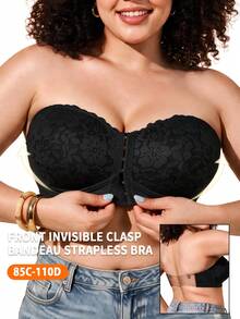 1pc Women's Plus Size Bandeau Bra, Lace Cup, Ruched Design, Front Buckle Invisible Strap Bandeau Bra, Comfortable Lift, Seamless Fit - Black - View 2