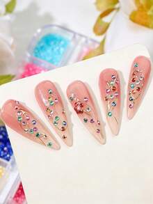 4 Boxes Nail Art Rhinestone Decoration Set, 3D Small Jelly Transparent AB Rhinestones Crystal Gems, Includes Nail Art Decoration Tools 1 Pair Of Tweezers And 1 Piece Wax Pencil, Suitable For Nail Art DIY, Tumblers, Face Makeup - Multicolor - View 5