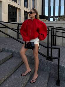 Women's Short Flight Jacket, Stand Collar Zipper Puff Long Sleeve Loose Street Style Short Coat - Red - View 6