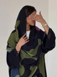 Women Abstract Print Open Front Abaya+Hijab Long Sleeve Maxi Outerwear, Modest Loose Fit Abaya - Multicolor - View 2