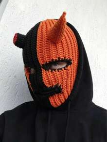 1pc Multicolor Demon Horn Knitted Balaclava Halloween Patchwork Contrast Color Full Face Mask Y2K Gothic Party Cosplay Unisex Warm Face Cover Hat - Multicolor - View 10