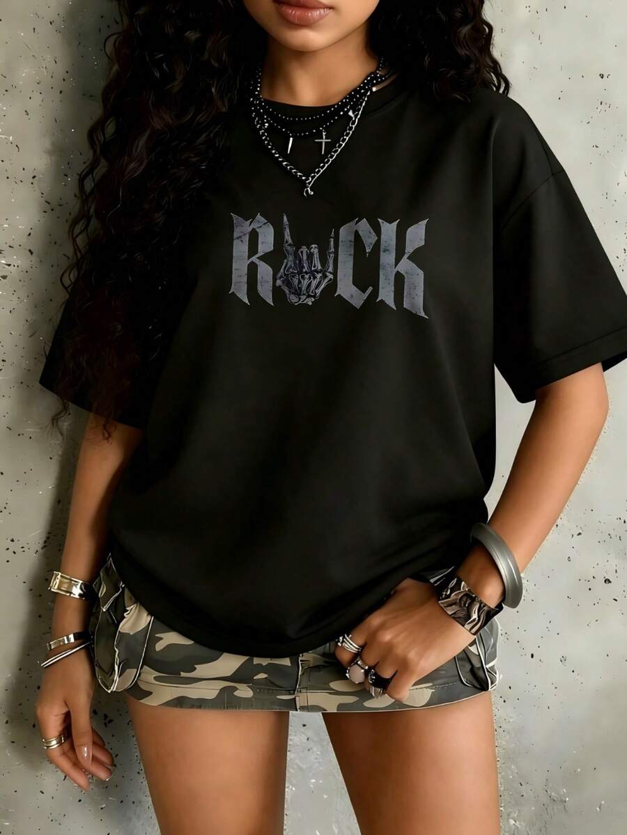 Women Cotton T‑Shirt, Modern Retro Style, Edgy Rock‑N‑Roll Skeleton Hand Motif, Daily & Weekend Wear, Summer Casual Street Apparel - Black - View 1