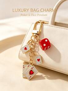 Dice Pendant Keychain With Poker Elements, Rhinestone Poker Charm Keychain, Creative Personalized Bag Charm, Fashion Alloy Keychain Ring, Backpack Pendant Car Keychain, Classic Minimalist Keychain Suitable For Women's Daily Use, Decorative Accessory, Packaging Accessory, Perfect Gift For Friends, Family, Couples, Girlfriend, Important Gift, Mother's Day Gift - Multicolor - View 2