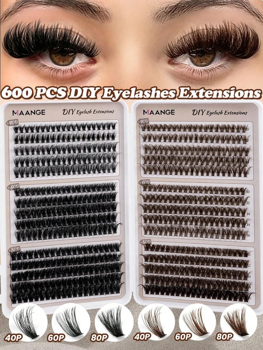 MAANGE 600 Clusters Eyelash Book, Brown + Black Mixed Style, Meets Daily Needs, DIY Eyelash Extension Starter Kit, Fish Tail Style Eyelashes, Natural And Slender, Lightweight And Soft, Suitable For Makeup Beginners, Beauty Bloggers, Daily Use, Dating, Music Festivals, Enlarging Eyes, Brown Eyelashes, False Eyelash Clusters, False Eyelashes, Eyelashes - D - View 1