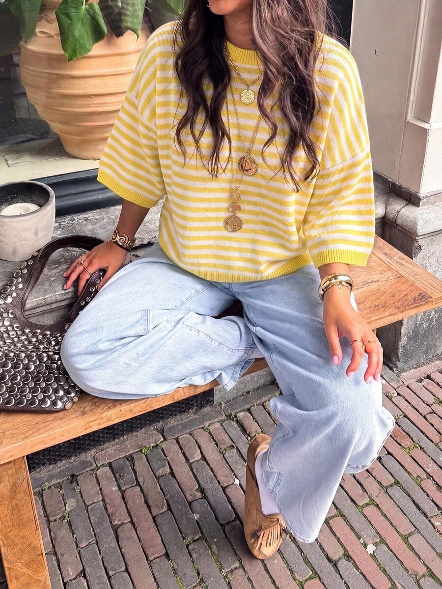 女款新款秋季拼色條紋針織上衣,休閒日常通勤學院風 - 黃色拼白色 - 查看 1